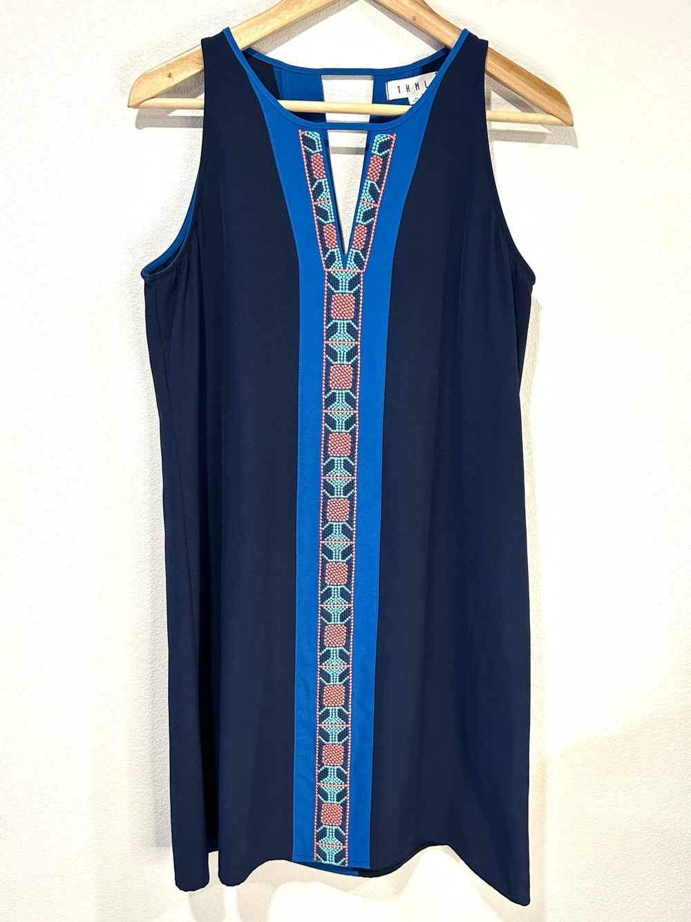 THML Navy Blue Embroidered Sleeveless Shift Dress Boho Casual Summer Size M